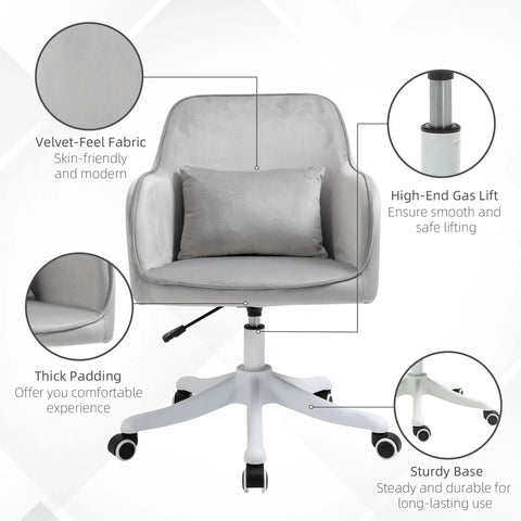 Gray velvet office chair with high-end gas lift and sturdy five-star base for home or bedroom use