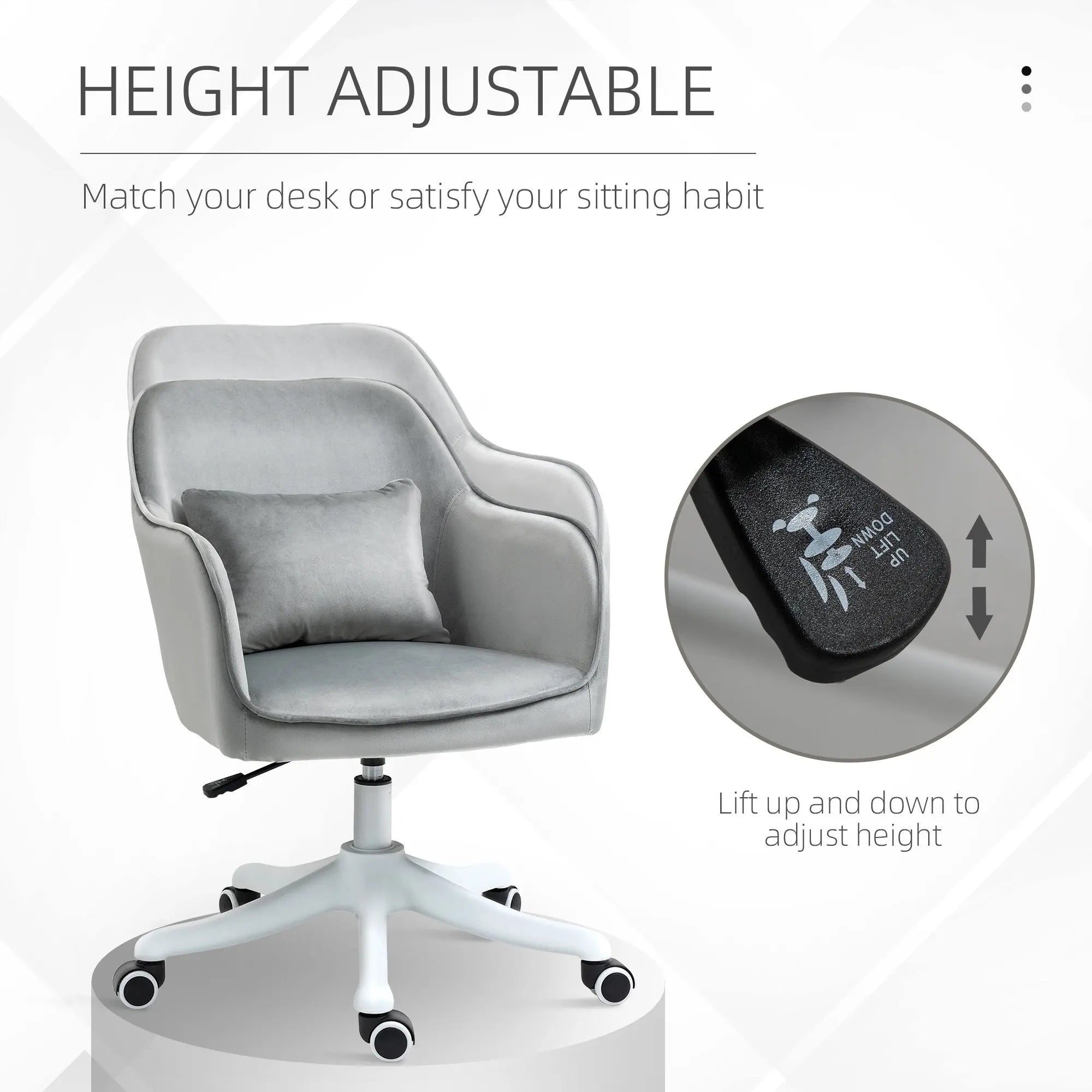 Gray velvet vinsetto office chair with height adjustable base cushion and massage lumbar support for home use