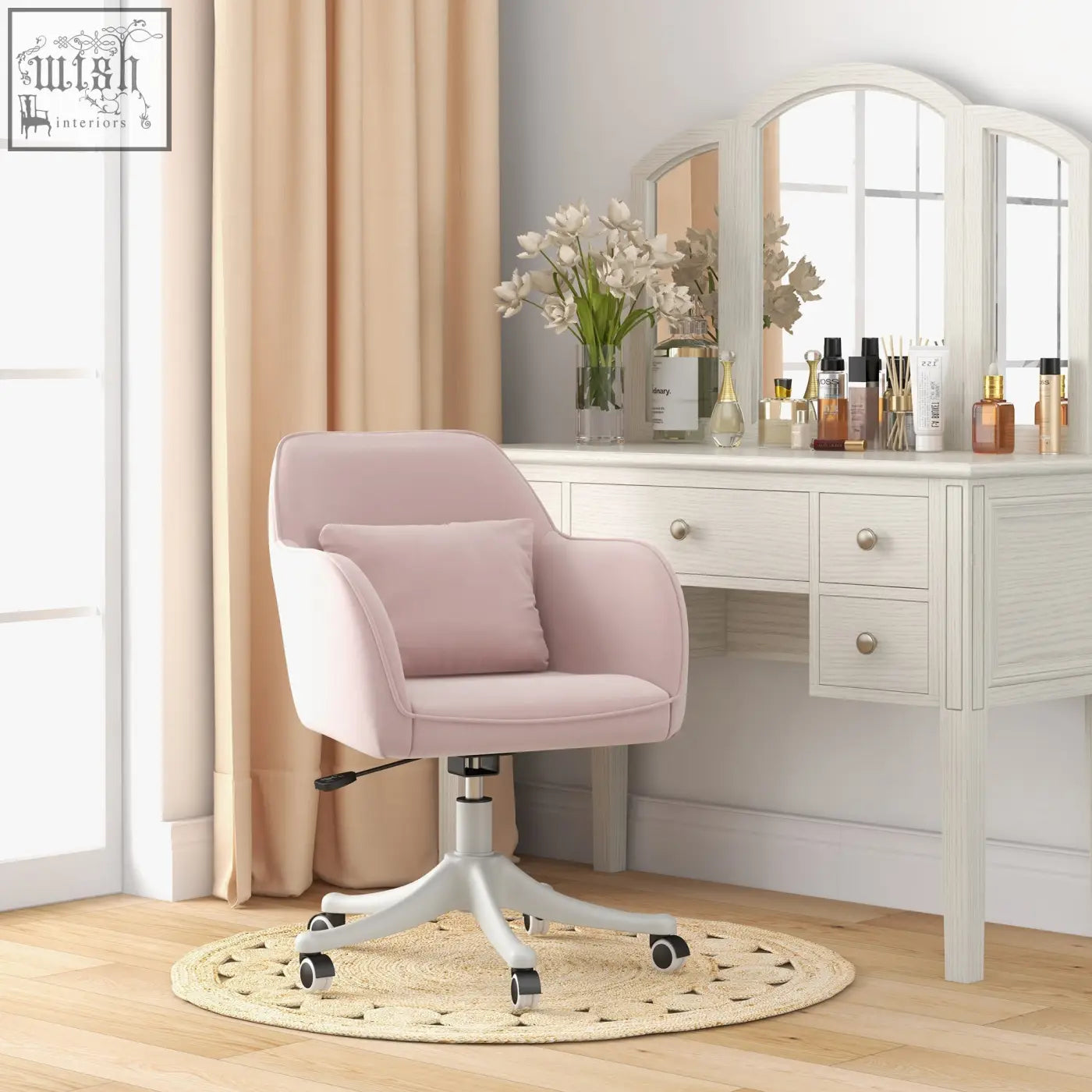 Vinsetto velvet office chair in soft pink with two massage points and rolling wheels perfect as an office chair
