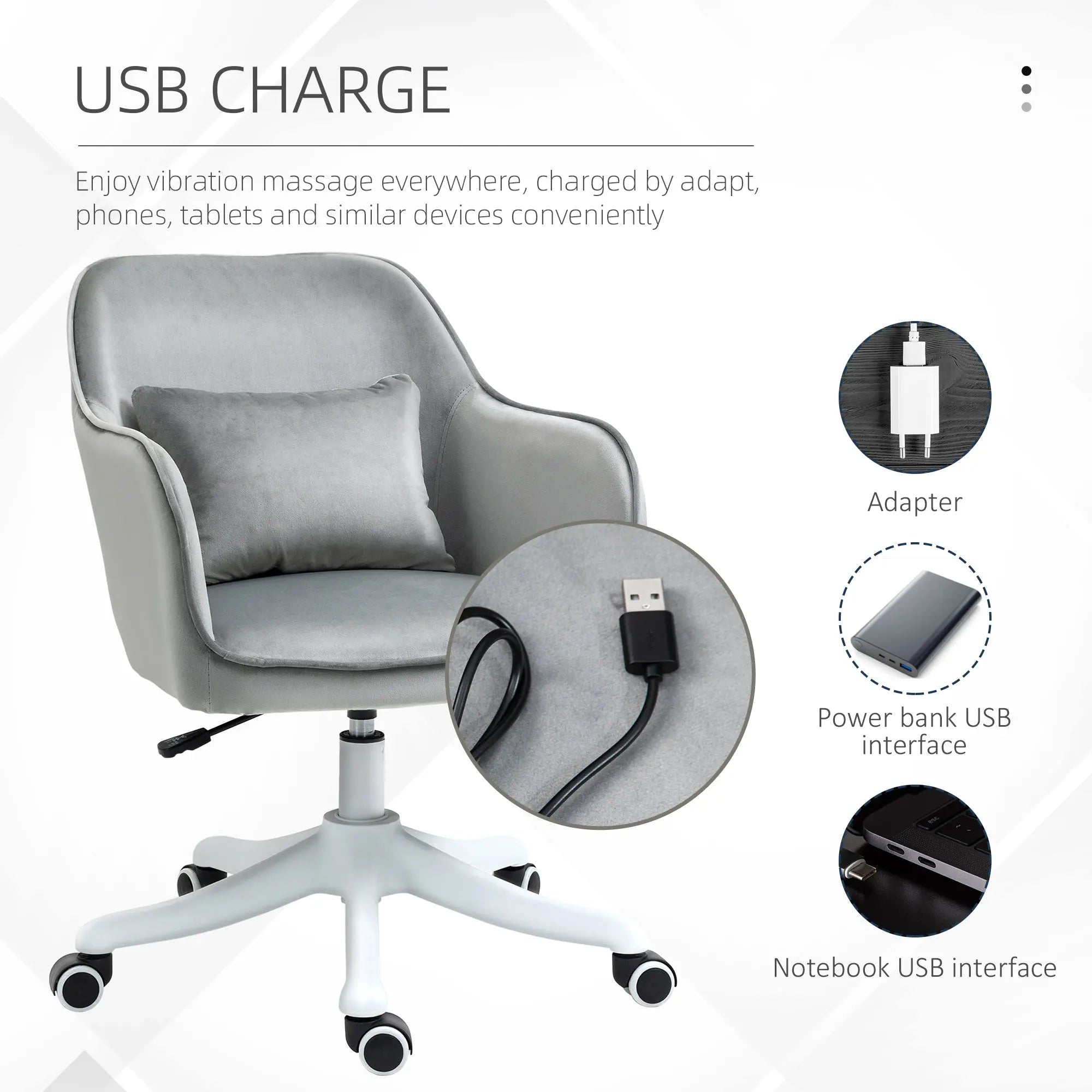 Vinsetto grey velvet office chair with usb charging vibration massage lumbar pillow and rolling wheels for home use