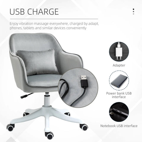 Vinsetto grey velvet office chair with usb charging vibration massage lumbar pillow and rolling wheels for home use