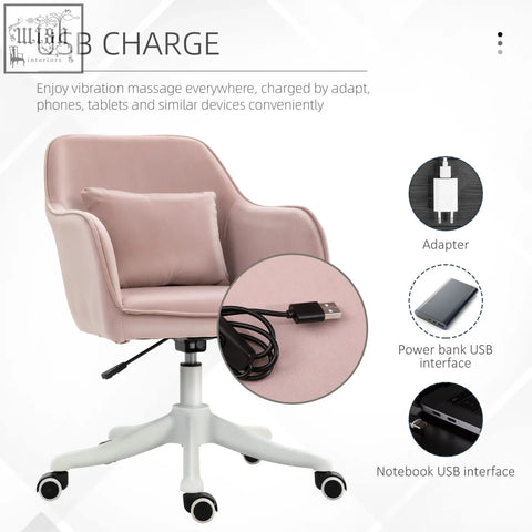 Pink velvet office chair with white base and usb charging ports featuring two massage points for home or desk use