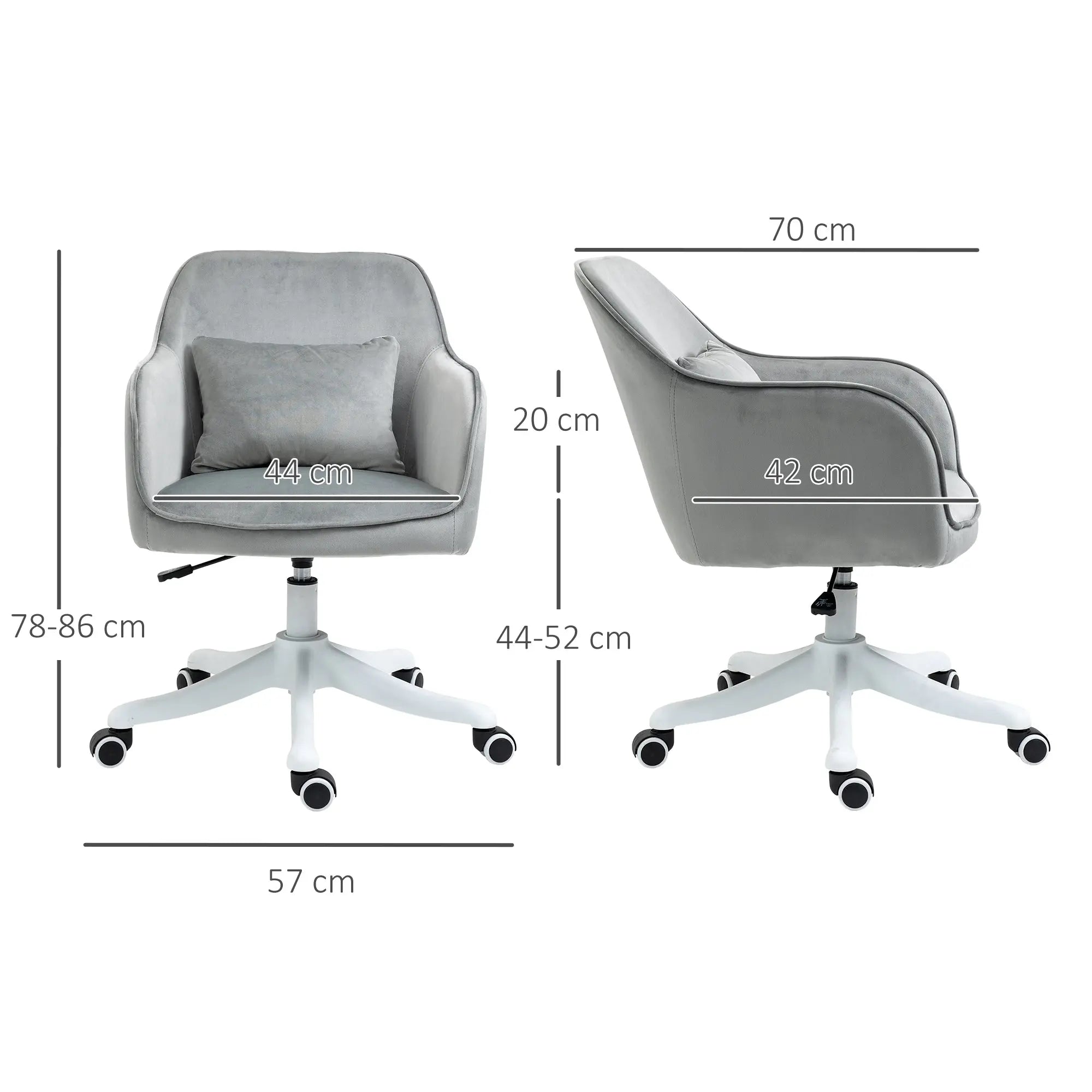 Gray velvet office chair with white five-star base and rolling wheels perfect for desk or makeup vanity use