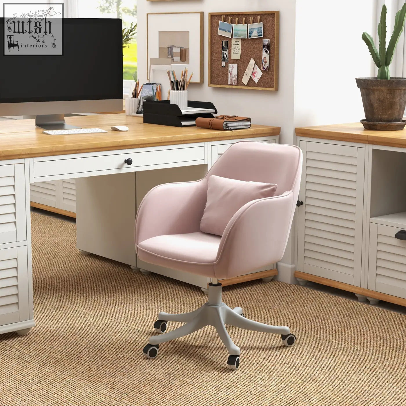 Soft pink velvet office chair with two massage points lumbar pillow and rolling wheels for bedroom or desk use