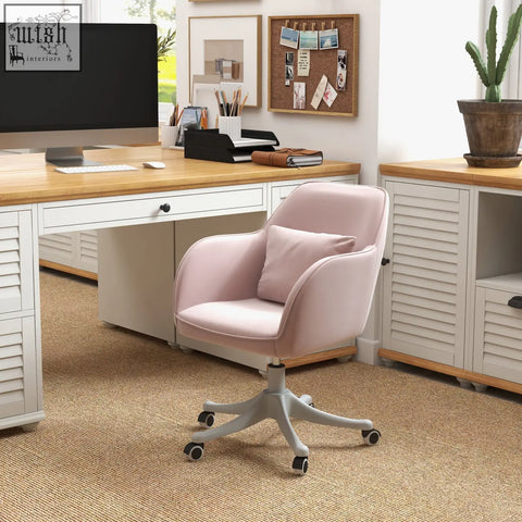 Soft pink velvet office chair with two massage points lumbar pillow and rolling wheels for bedroom or desk use