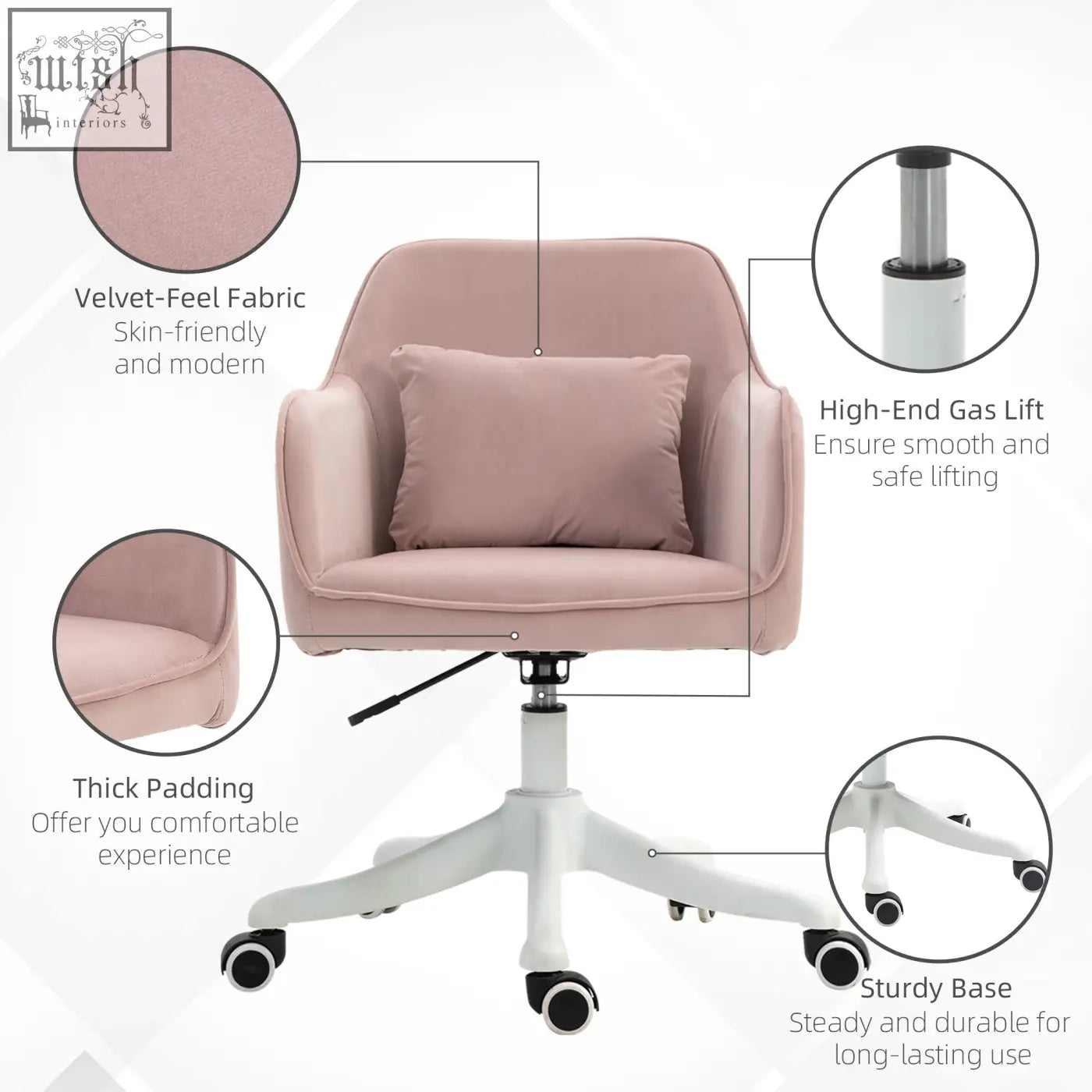 Vinsetto velvet office chair in soft pink with two massage points white base and rolling wheels for home use