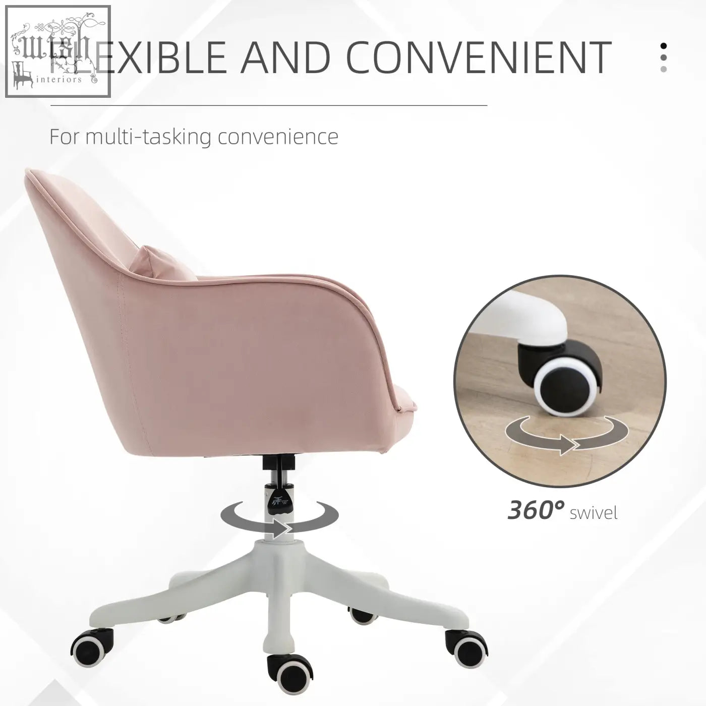 Soft pink velvet office chair with two massage points and white rolling base for bedroom or home use