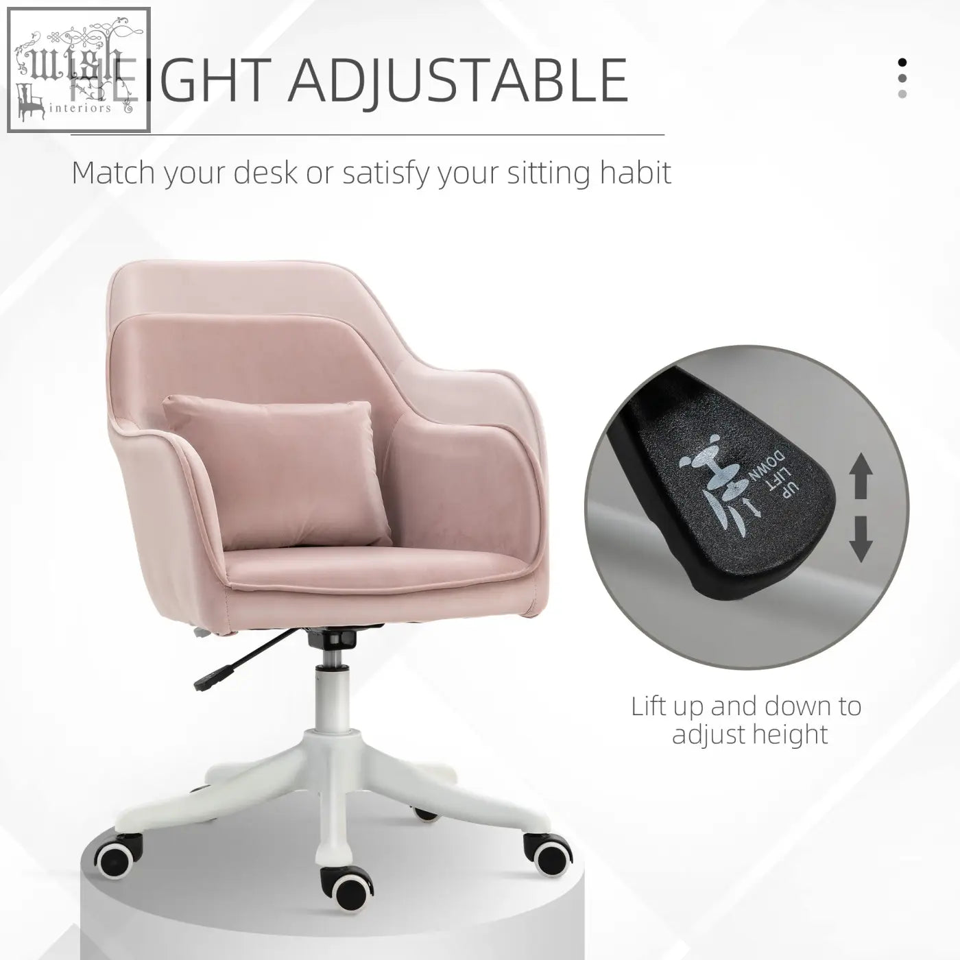 Soft pink velvet office chair with white base and two massage points perfect for desk or vanity use