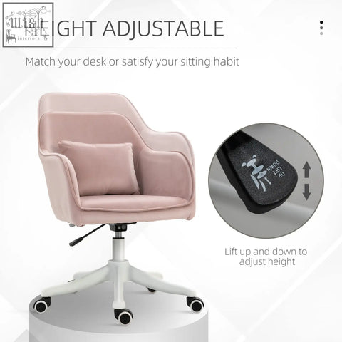Soft pink velvet office chair with white base and two massage points perfect for desk or vanity use