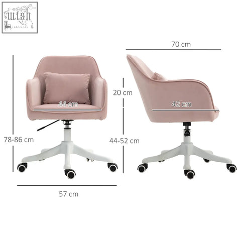 Vinsetto velvet office chair in soft pink with two massage points, cushion, white base, and rolling wheels for home use