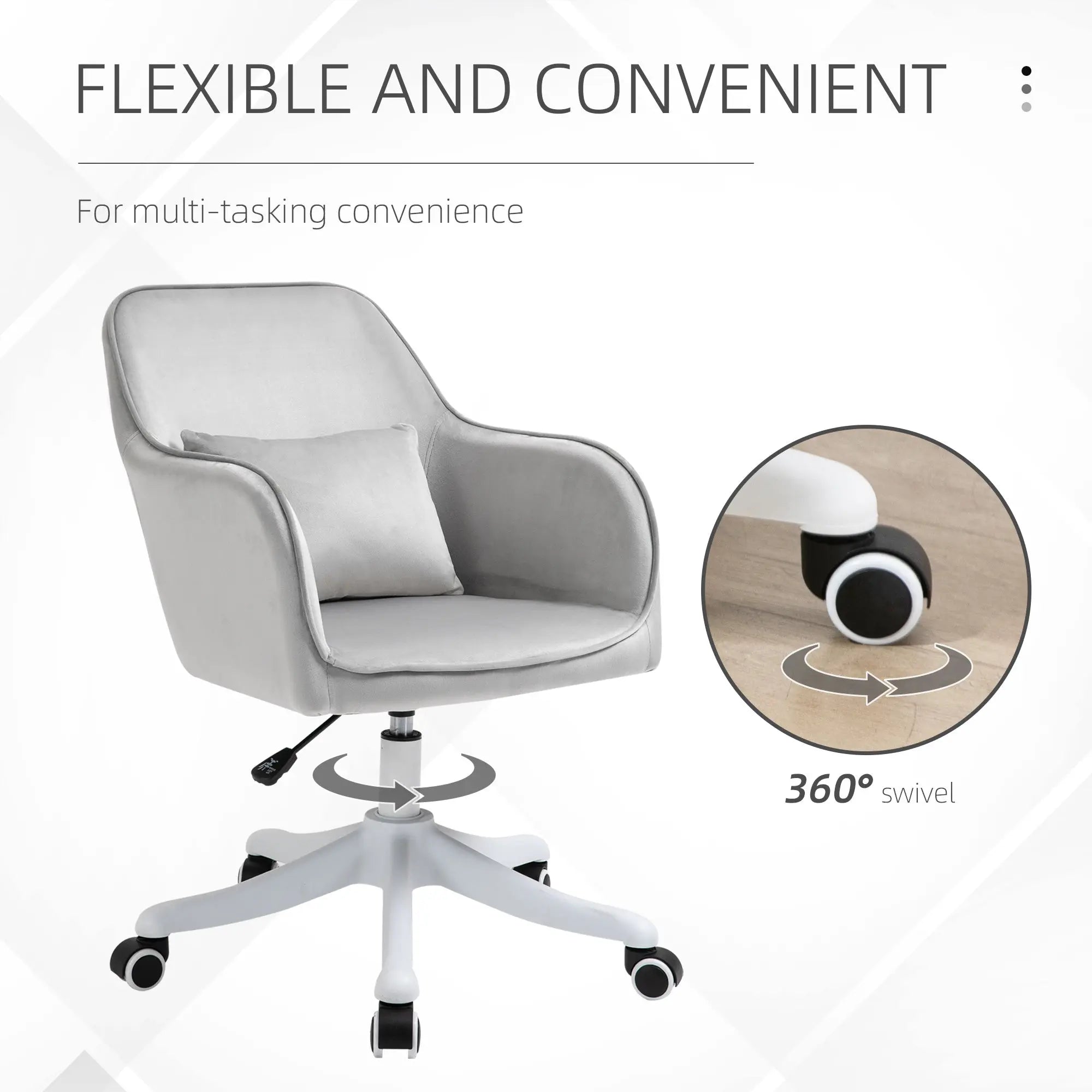 Vinsetto velvet office chair in grey upholstery with cushioned seat, massage lumbar pillow, white legs, and rolling caster wheels