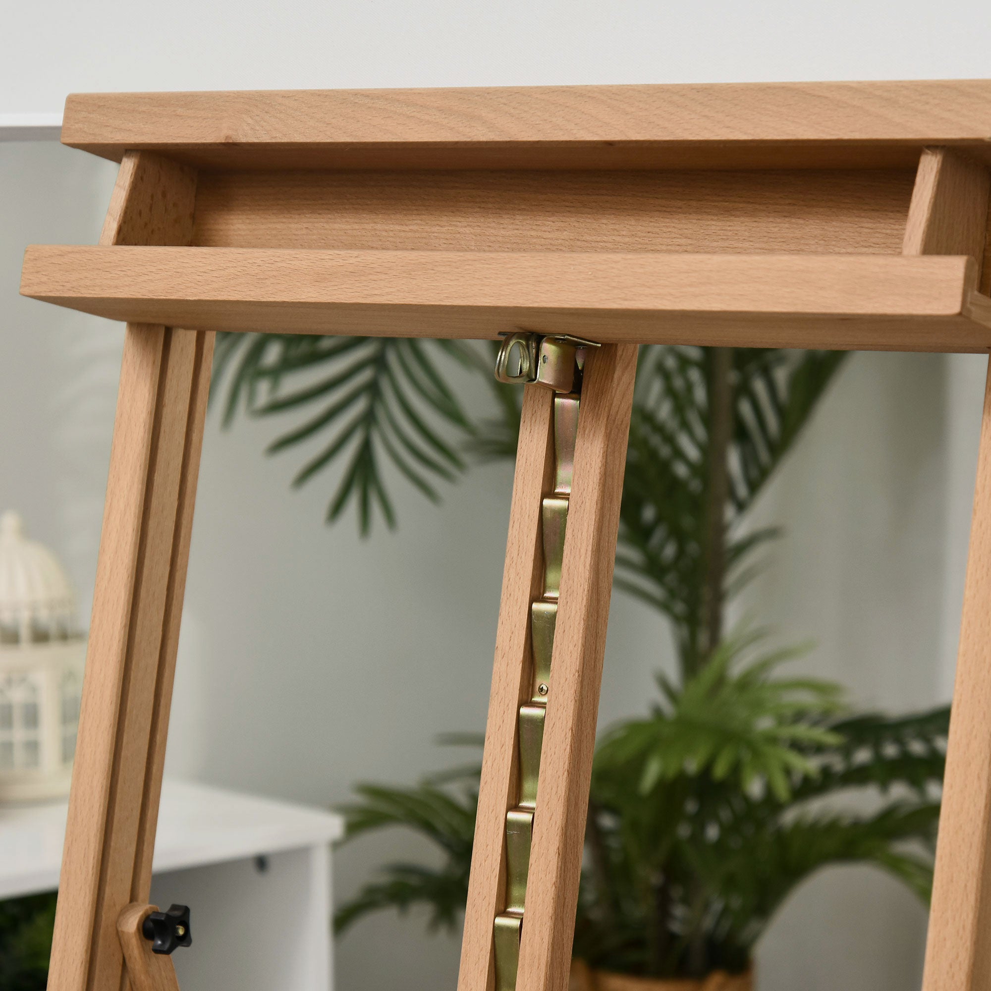 Light oak vinsetto wooden easel with brass joints, adjustable height, square base, and beech wood finish for displaying art