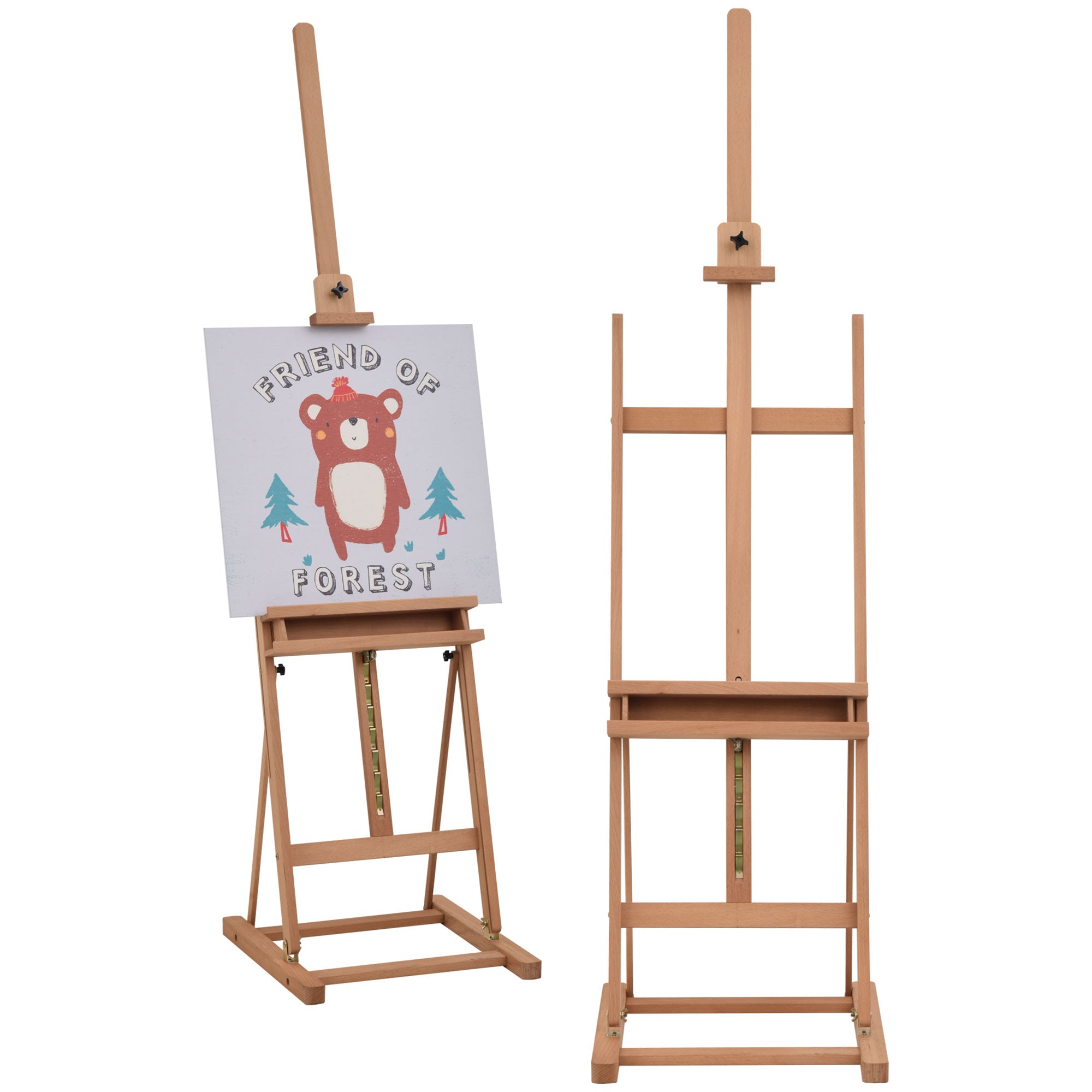 Light brown beech wood vinsetto artist easel with adjustable height square base shown with and without canvas