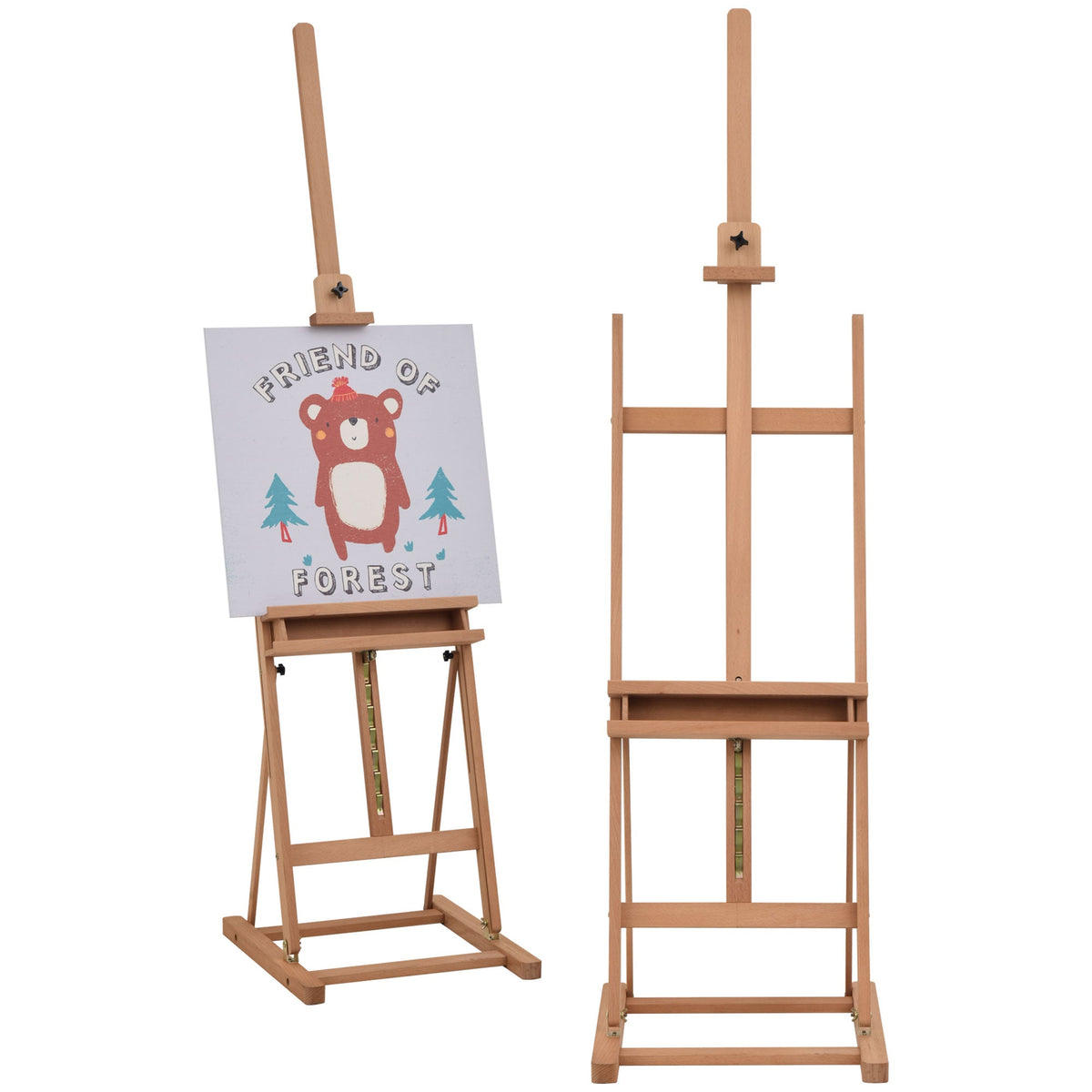 Light brown beech wood vinsetto artist easel with adjustable height square base shown with and without canvas