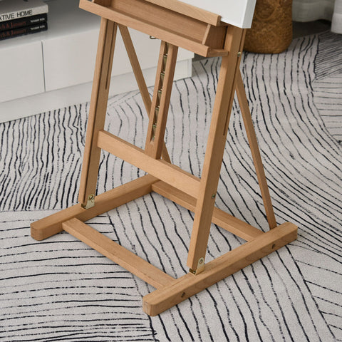 Light wood beech wood folding easel with brass hardware and square base in nature wood finish for displaying art