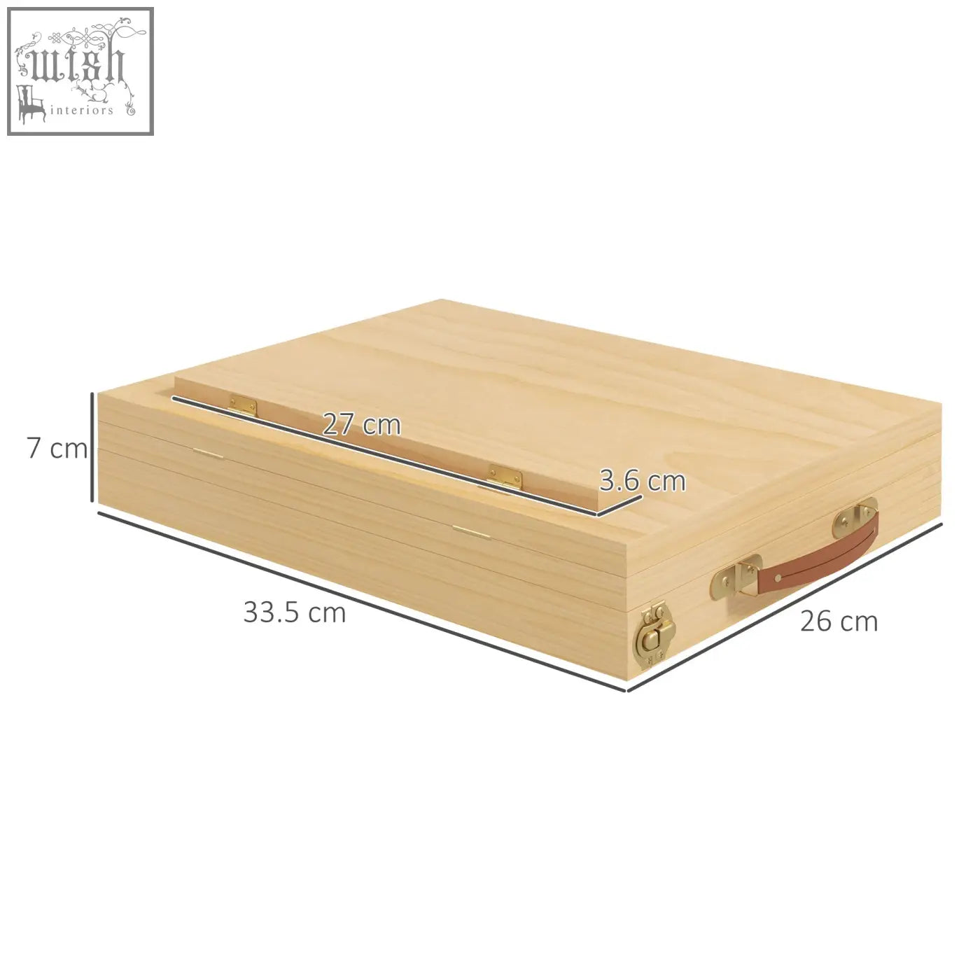 Light-colored wooden vinsetto table easel box with adjustable angle, brass hardware, and brown leather handle for artists