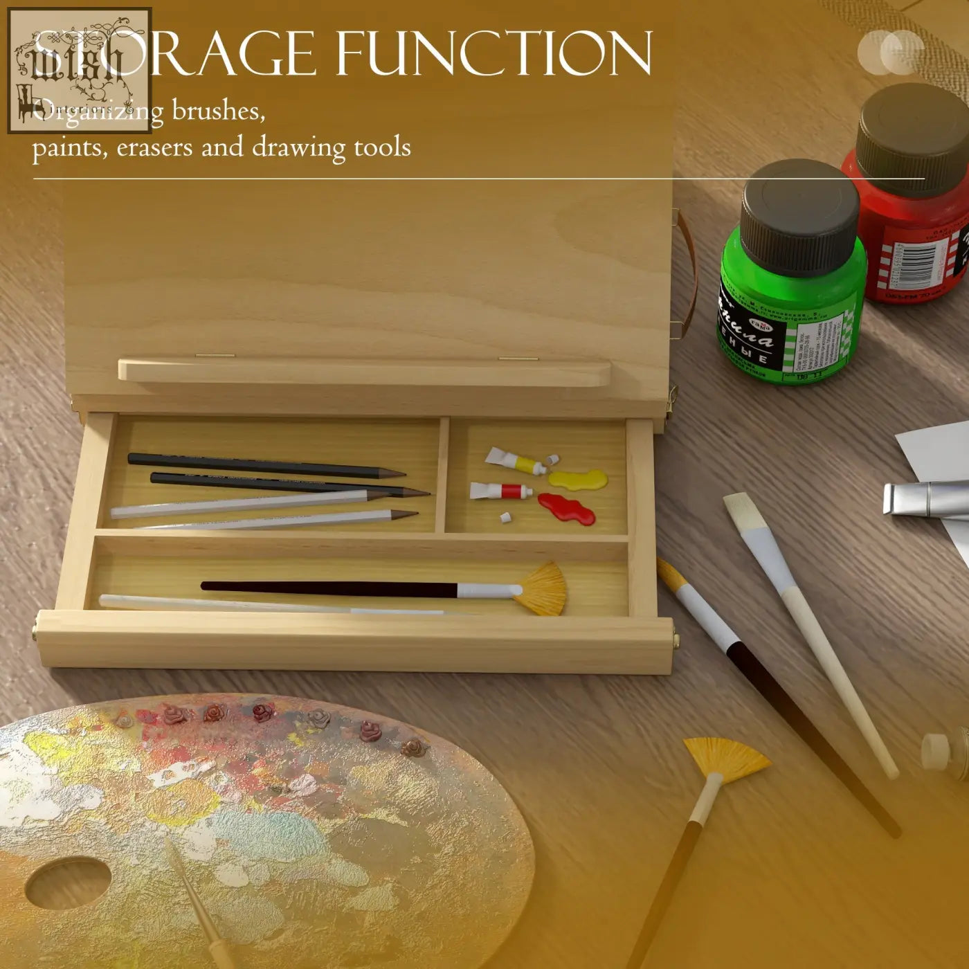 Light wood beechwood table easel box with compartments holding brushes and paint tubes adjustable angle design