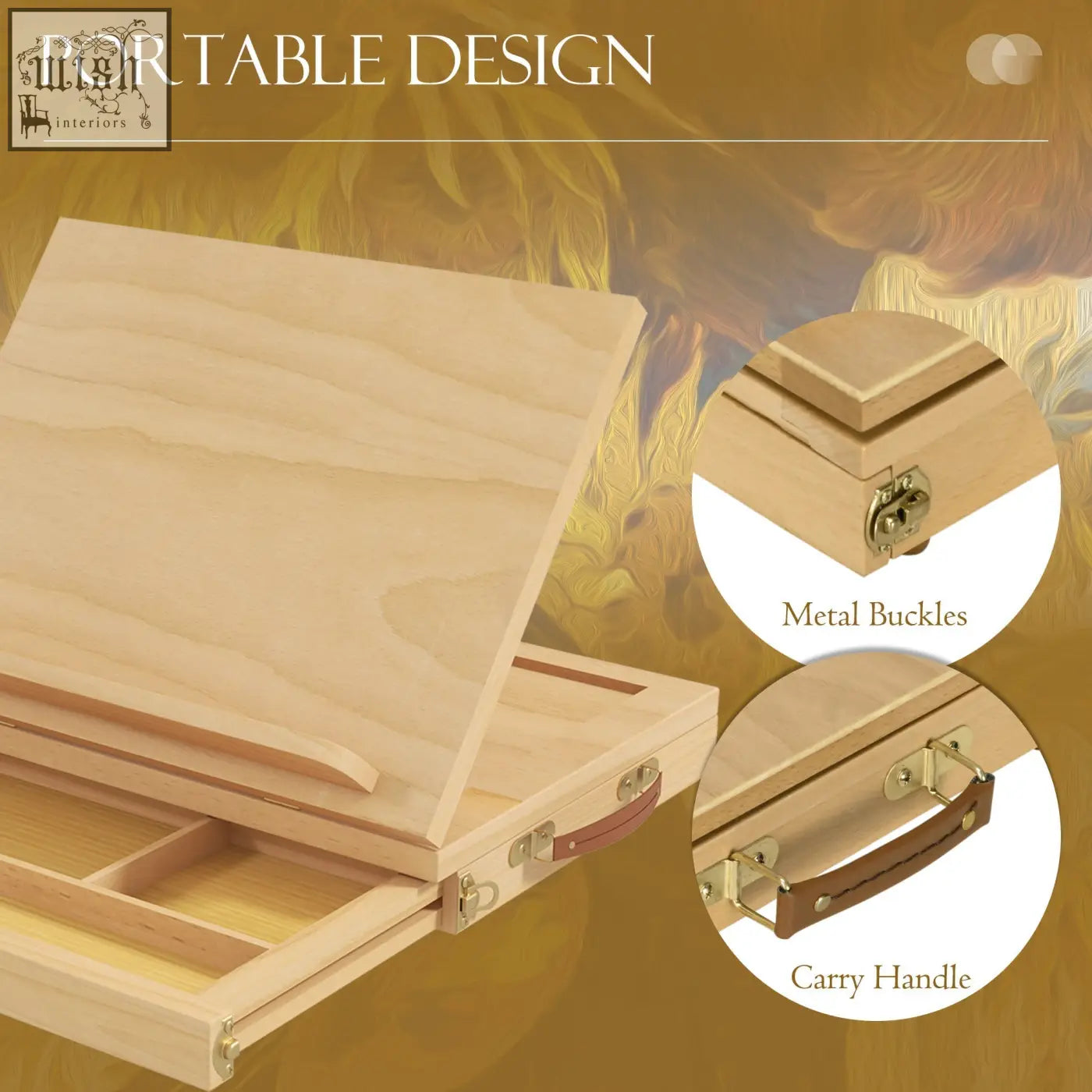 Light-colored beechwood table easel box with metal buckles and leather handle featuring adjustable angle and storage drawer