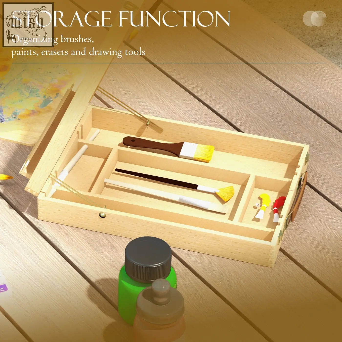 Light-colored wooden beechwood table easel box with compartments holding brushes and art supplies for painting and sketching