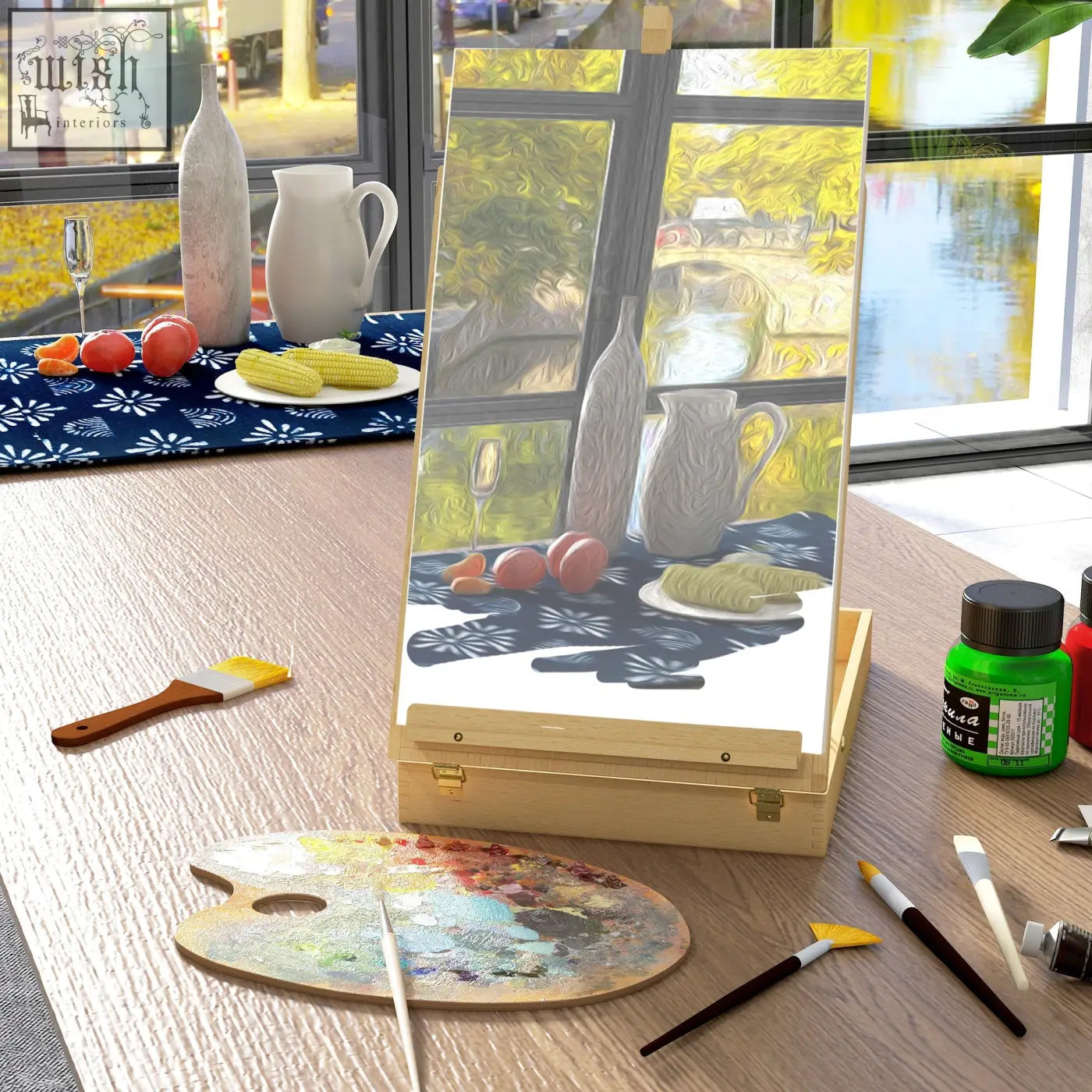 Wooden table easel box by vinsetto holding an impressionistic painting on a blue cloth with white pitchers and corn