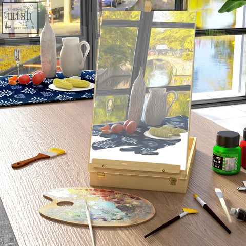 Wooden table easel box by vinsetto holding an impressionistic painting on a blue cloth with white pitchers and corn