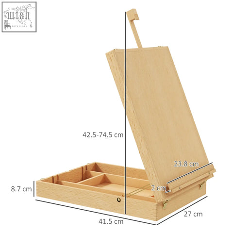Light-colored beechwood table easel box with hinged lid adjustable stand and storage compartments for artists