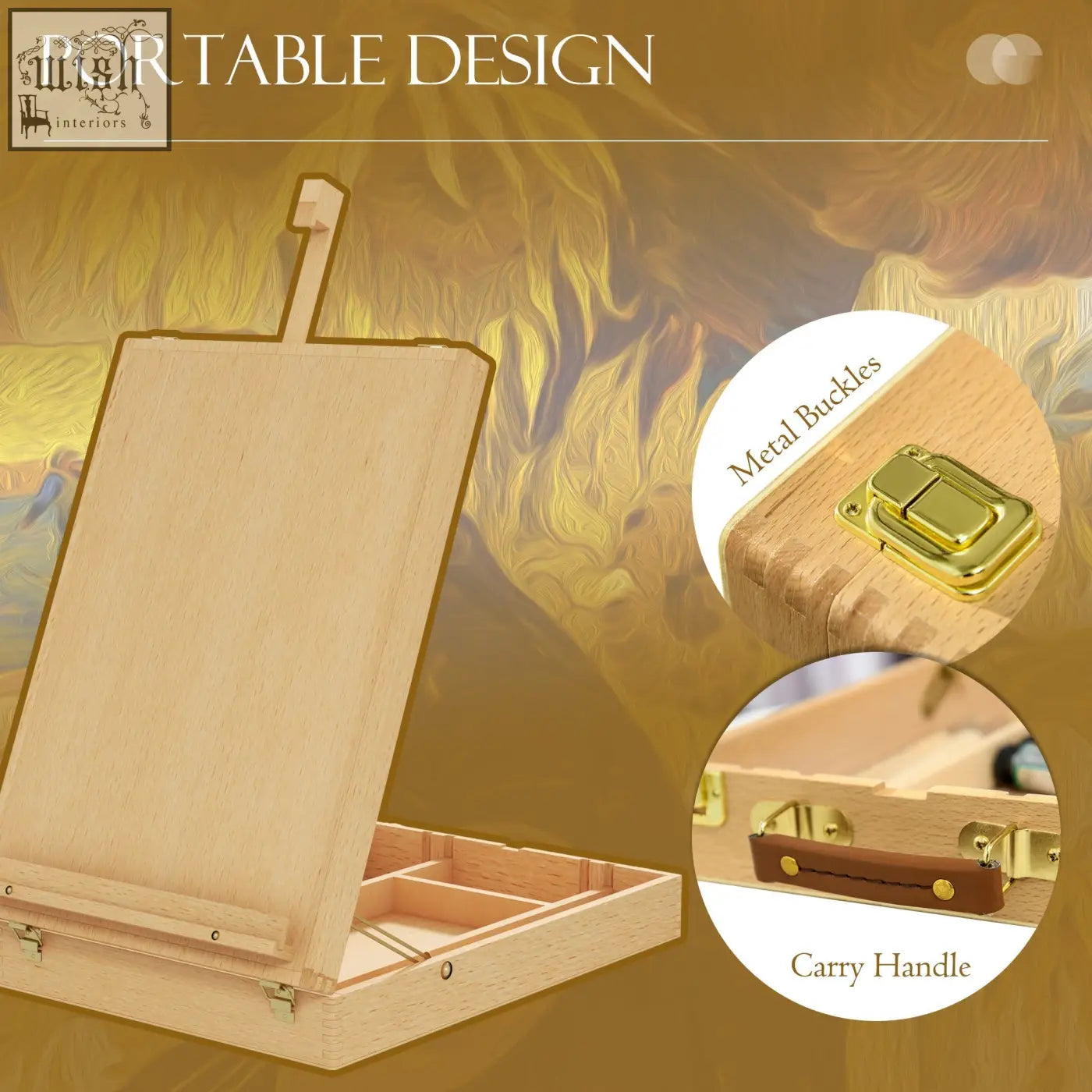 Vinsetto light wood table easel box with foldable design gold buckles and leather handle for portable painting