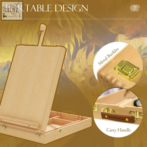 Vinsetto light wood table easel box with foldable design gold buckles and leather handle for portable painting