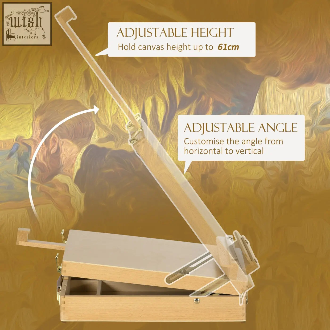 Adjustable vinsetto wooden table easel box in light natural beechwood with metal hardware holds canvases up to 61cm