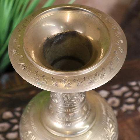 Vintage hand-etched brass vase 36cm with intricate engraved patterns and tarnished interior as an antique brass holder