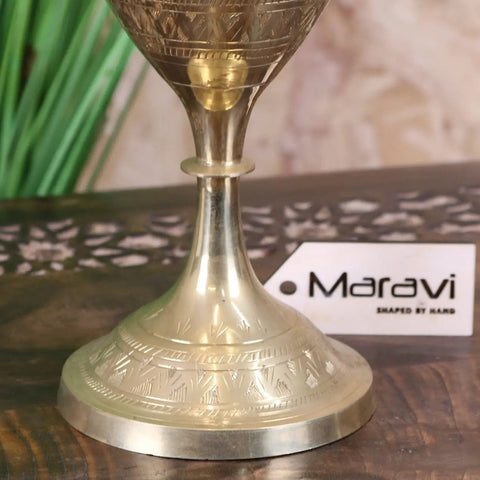 Vintage hand-etched brass vase with intricate geometric engravings and polished golden finish in a small 36cm size