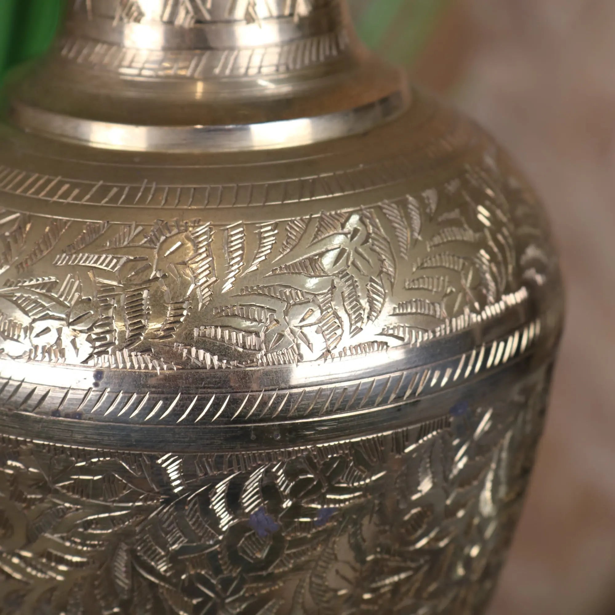 Vintage 36cm small brass vase with polished silver finish and intricate hand-etched floral engravings