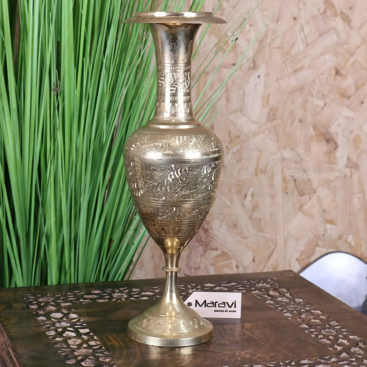 Vintage 36cm small brass vase with intricate hand-etched floral patterns on a tall ornate hand-etched brass vase