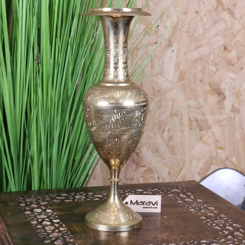 Vintage 36cm small brass vase with intricate hand-etched floral patterns on a tall ornate hand-etched brass vase
