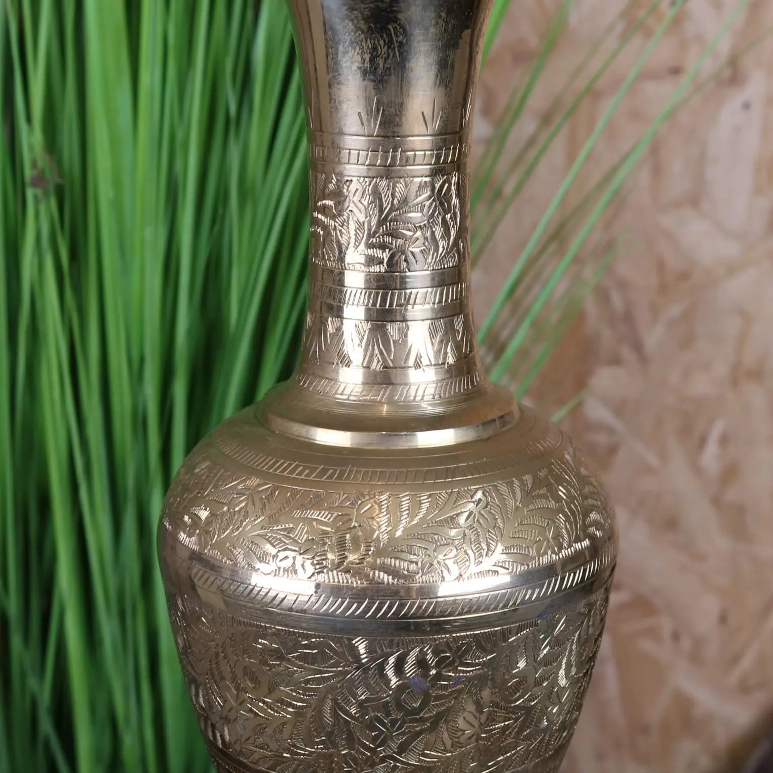 Vintage 36cm small brass vase with intricate hand-etched floral and leaf patterns in a brass vase design