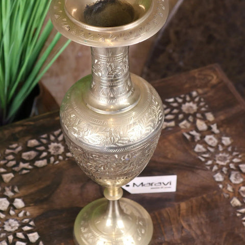 Vintage hand-etched brass vase in tall ornate design with intricate floral and geometric embossing cream brass vase