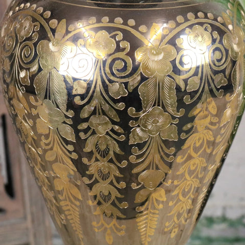Vintage 90cm large brass vase with dark glass and intricate gold floral and vine etchings hand polished silver and gold