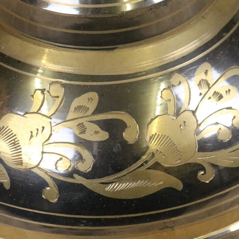 Vintage large brass vase with hand-etched black and gold floral engravings and silver and gold polished finish