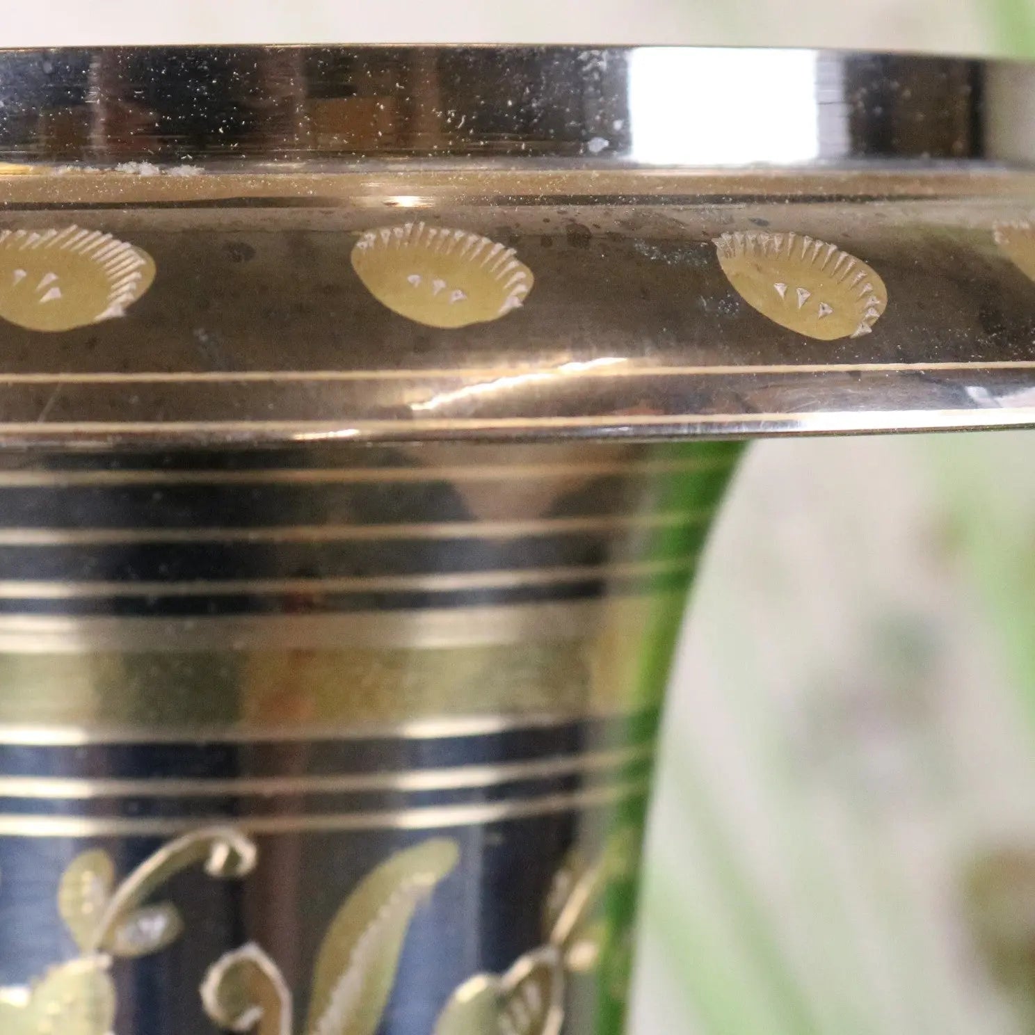 Vintage 90cm large brass vase with silver rim and embossed gold shell motifs on dark blue body decorative brass vase