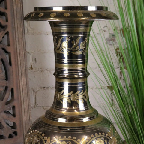 Vintage 90cm large brass vase with intricate gold leaf floral patterns hand etched and silver gold polished finish