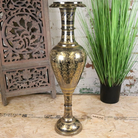 Vintage 90cm large brass vase with intricate gold leaf floral patterns and a fluted rim in silver and gold polished finish