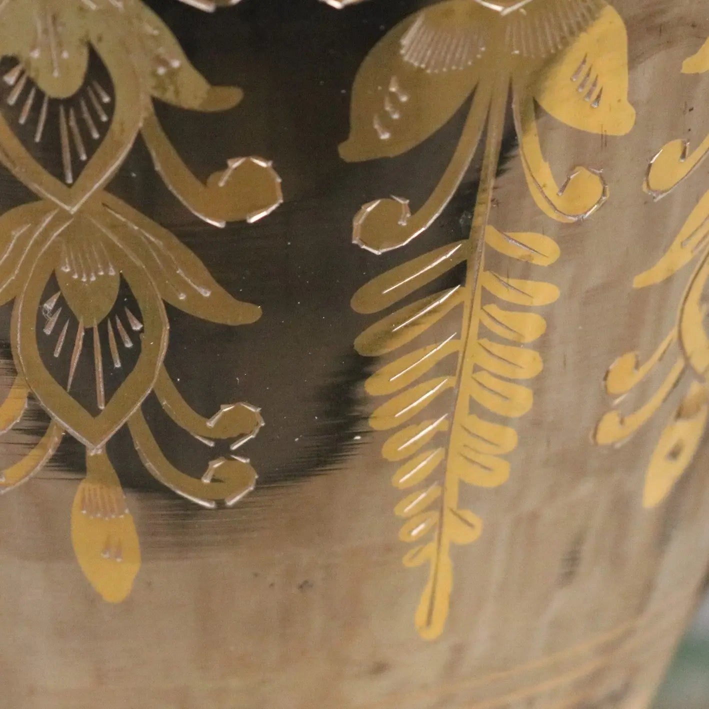 A dark translucent glass vintage 90cm large brass vase with hand etched gold leaf floral and fern patterns