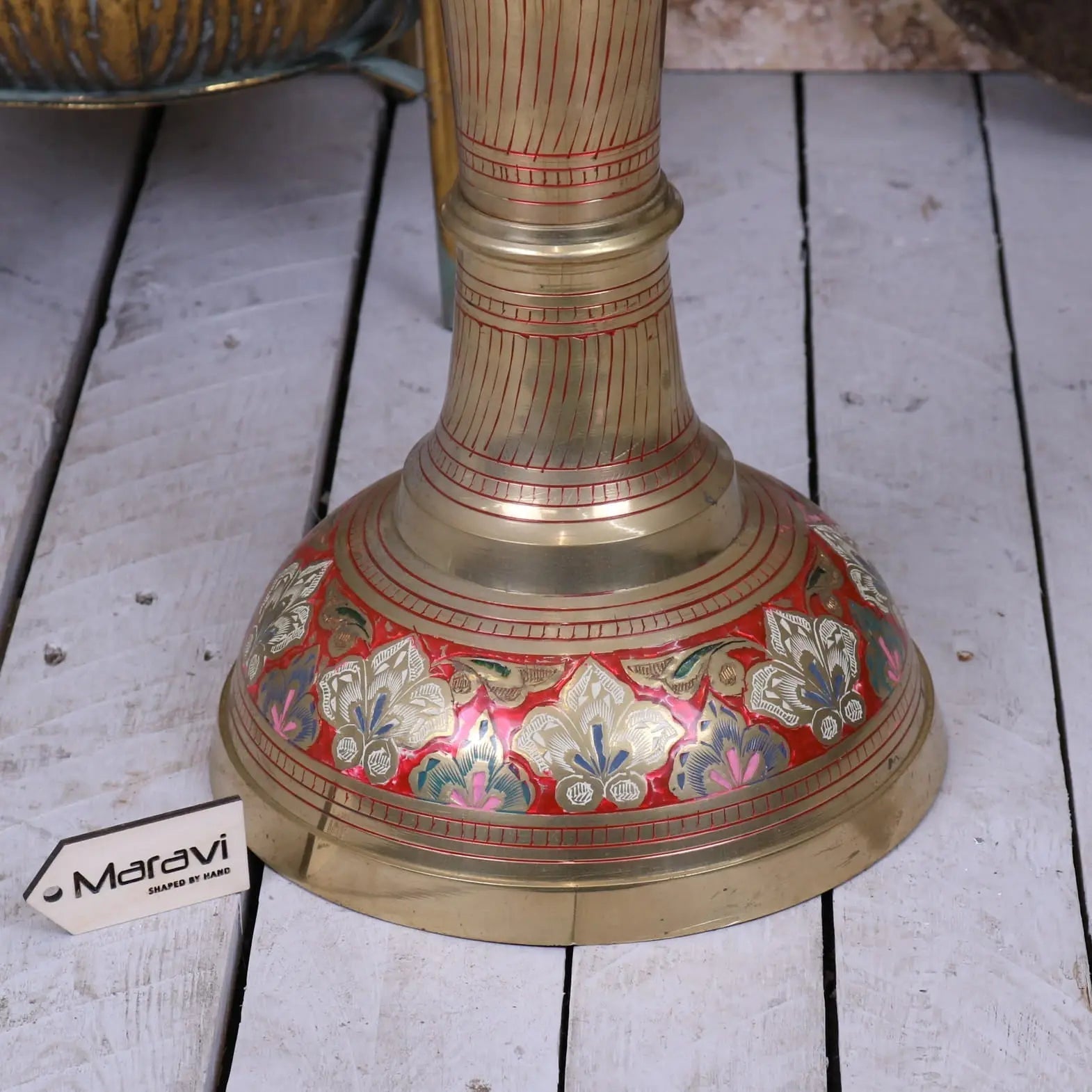 Handcrafted vintage brass vase 92cm with intricate red silver and gold floral engravings and etched design