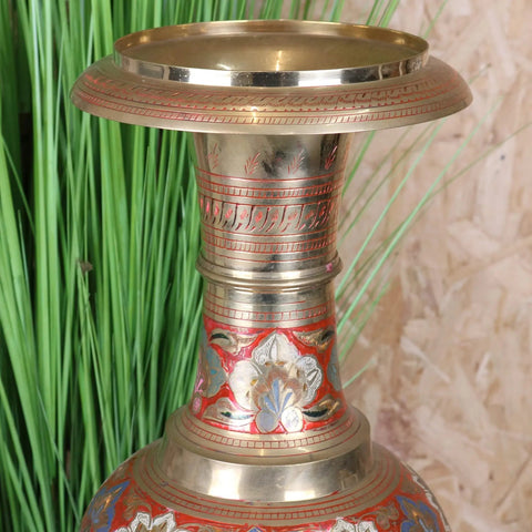 Vintage brass vase 92cm large hand painted with intricate red and silver floral engravings on brass material