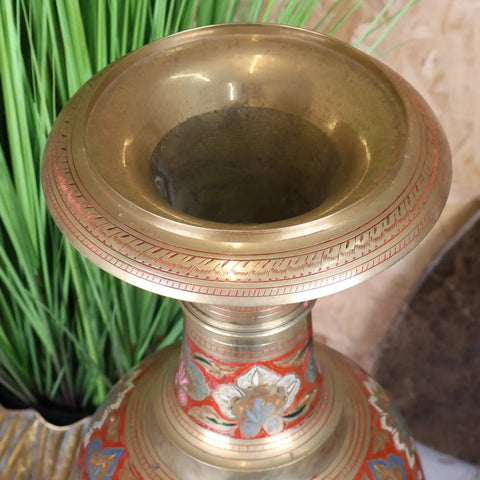 Vintage brass vase 92cm large with hand painted red and gold floral enamel detailing around the base
