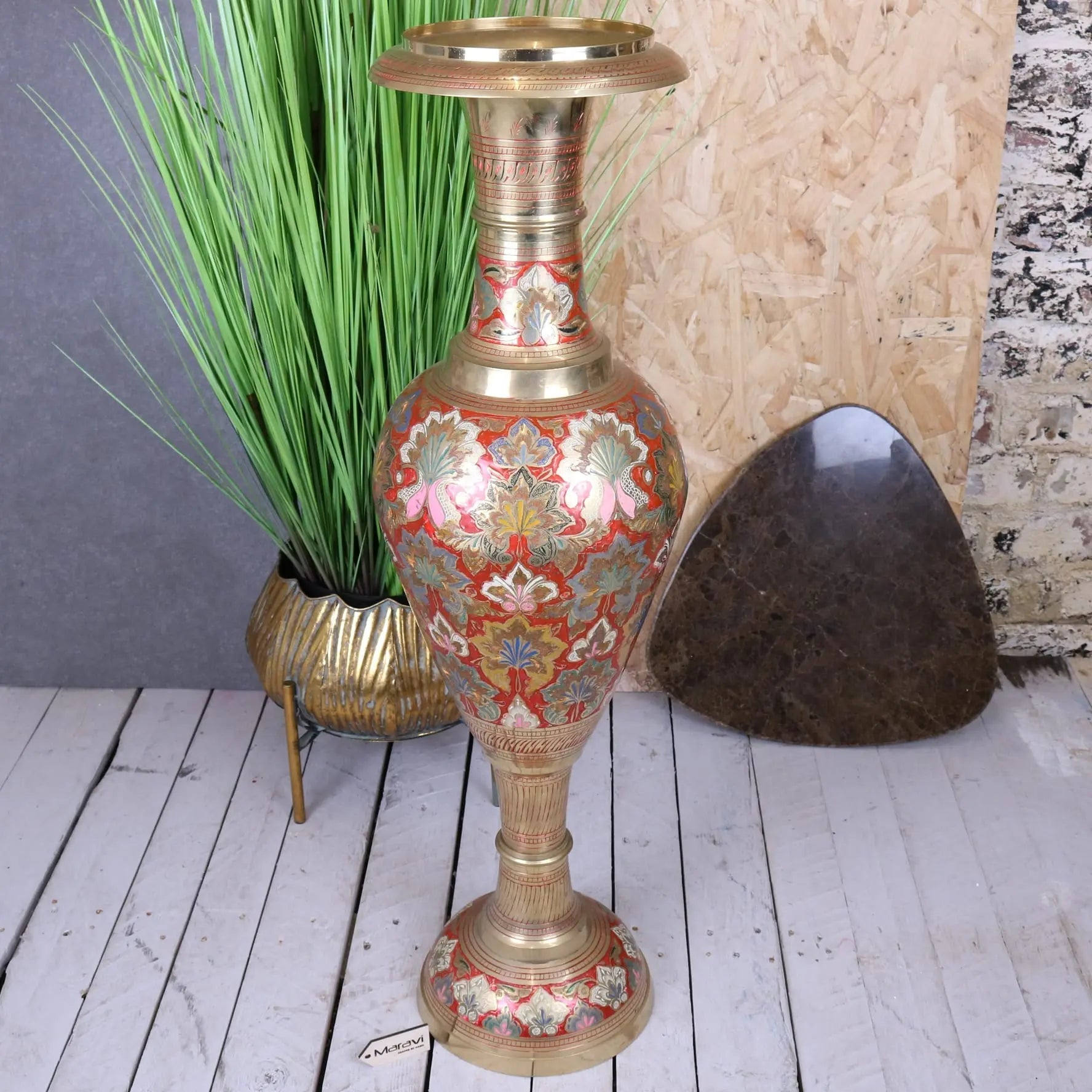A tall vintage brass vase 92cm hand painted with intricate red and gold floral patterns ornate design