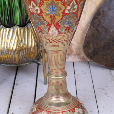 A tall vintage brass vase 92cm with intricate hand painted red gold and blue floral patterns and etching