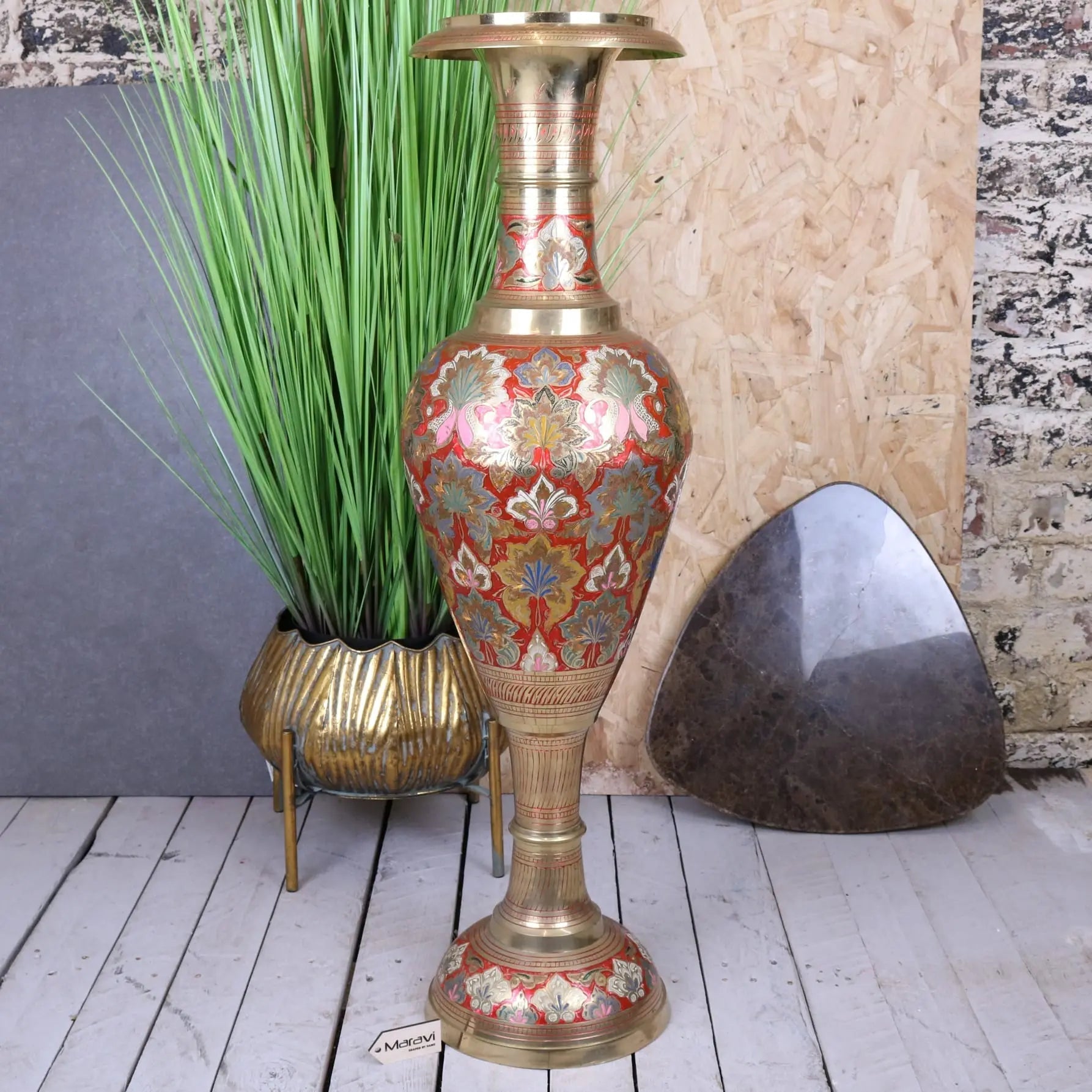 A tall vintage brass vase 92cm with intricate red and gold floral hand painted engravings