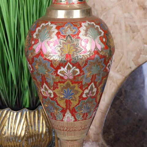 Vintage brass vase 92cm large red ceramic vase with intricate gold pink and blue floral hand painted patterns
