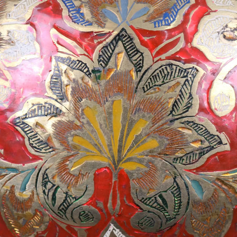 Vintage brass vase 92cm large hand painted with a vibrant yellow and red floral motif on a shimmering silver background
